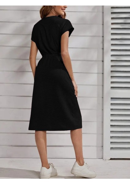 Eyesof Kadın Kısa Kollu Bisiklet Yaka Belden Lastikli Midi Viskon Elbise indirimleri