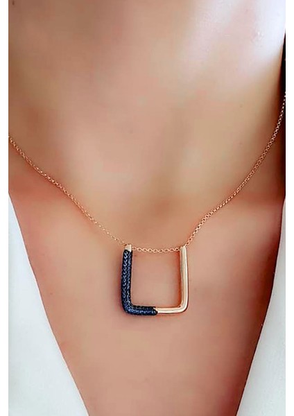 Lacivert zirkon taş italyan tasarımı 925 ayar gümüş rose asansörlü ayarlanabilir kare kolye