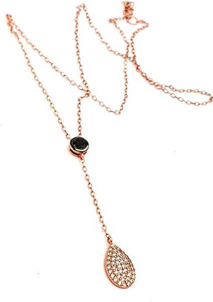 Oniks zirkon taş detaylı 925 ayar gümüş rose kolye