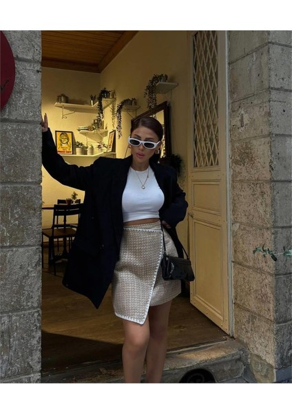 Eyesof Şanelkapaklı Çoban Dikiş Detaylı Kısa Etek - Bej