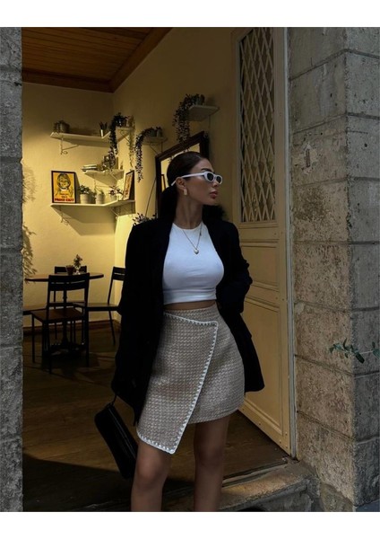 Eyesof Şanelkapaklı Çoban Dikiş Detaylı Kısa Etek - Bej modelleri