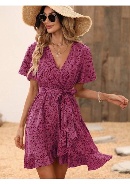 Eyesof Kadın Kısa Kelebek Kollu Kruvaze Yakalı Belden Kuşaklı Kısa Desenli Süprem Elbise indirimleri