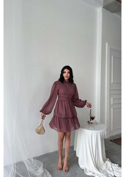 Eyesof Şifon Katlı Uzun Kol Elbise - Pudra