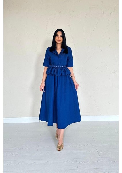 Eyesof Lacivert Ince Kemerli Fırfırlı Ceket ve Büzgülü Etek Takım