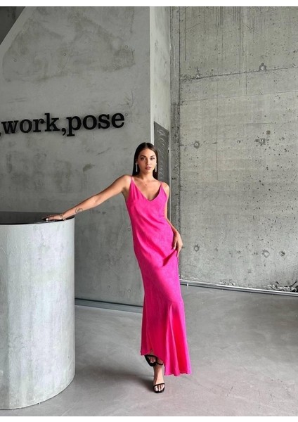 Eyesof Jakarlı Askılı Saten Elbise Asimetrik - Pembe