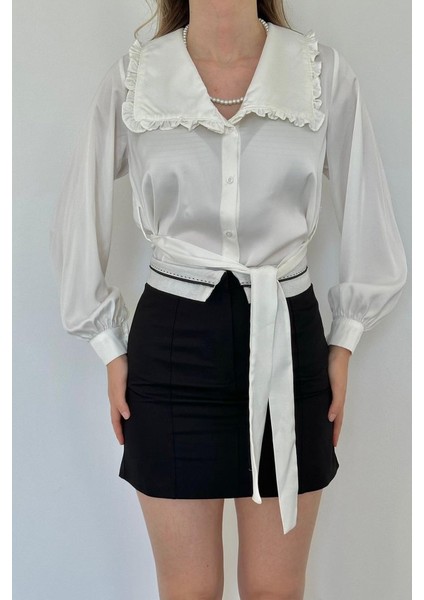 Eyesof Beyaz Yakası Fırfırlı Kuşaklı Saten Gömlek modelleri