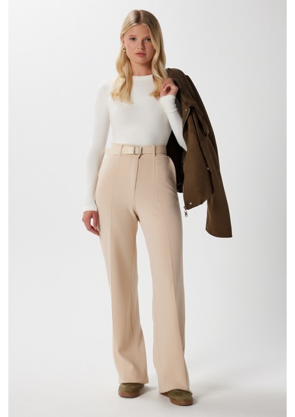 Likra Serisi Lift Süs Dikişli Esnek Açık Bej Palazzo Pantolon