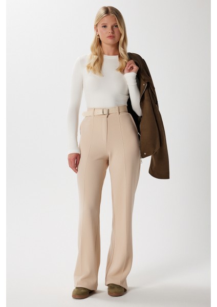 Likra Serisi Lift Süs Dikişli Esnek Açık Bej Palazzo Pantolon modelleri