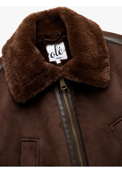 Uzun Kollu Suni Kürk Yaka Detaylı Femuarlı Bomber Ceket