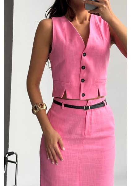 Eyesof Yelek-Önden Yırtmaçlı Etek Tk Şantuk Keten - Pembe modelleri