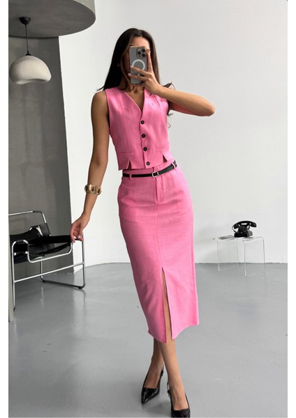 Eyesof Yelek-Önden Yırtmaçlı Etek Tk Şantuk Keten - Pembe fırsatları