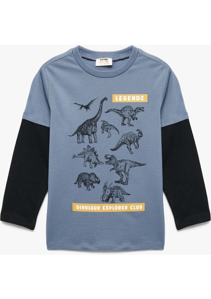 Dinozor Baskılı Uzun Kollu Bisiklet Yaka Pamuklu Tişört