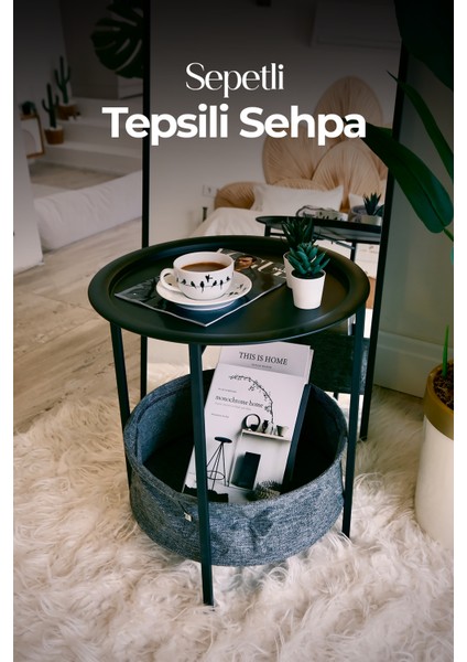 Sepetli Tepsili Sehpa – Çok Amaçlı Metal Saklama Sepetli Yan Sehpa