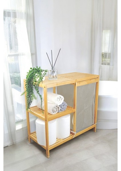 Bambu 3 Raflı Kumaş Sepetli Banyo Düzenleyici Kirli Çamaşır Sepeti DB-0046