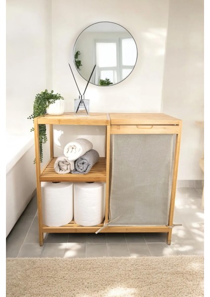 Bambu 3 Raflı Kumaş Sepetli Banyo Düzenleyici Kirli Çamaşır Sepeti DB-0046 fiyatları