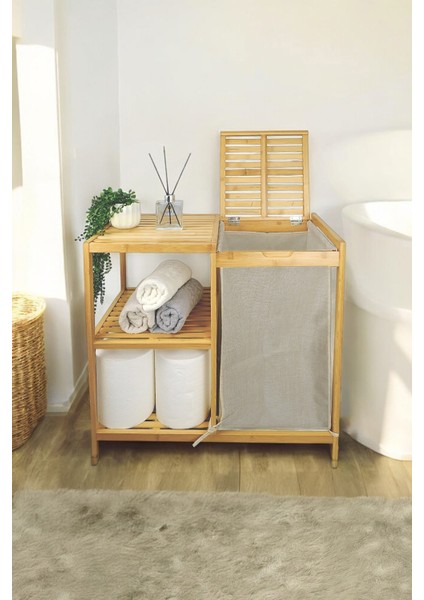 Bambu 3 Raflı Kumaş Sepetli Banyo Düzenleyici Kirli Çamaşır Sepeti DB-0046 modelleri