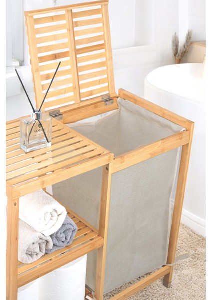 Bambu 3 Raflı Kumaş Sepetli Banyo Düzenleyici Kirli Çamaşır Sepeti DB-0046 fırsatları