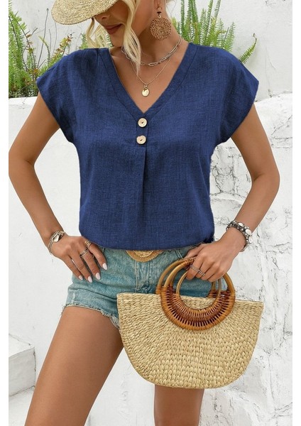 Eyesof Kadın Kısa Kollu V Yakalı Düğmeli Keten Bluz modelleri