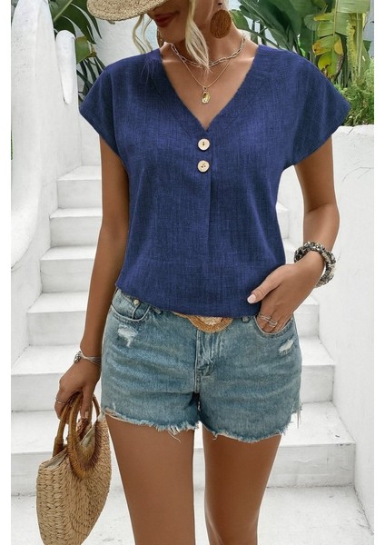 Eyesof Kadın Kısa Kollu V Yakalı Düğmeli Keten Bluz indirimleri
