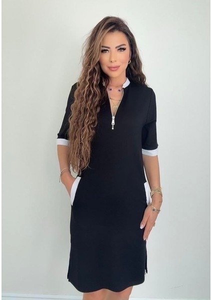 Eyesof Kadın Kısa Kollu Yakadan Fermuarlı Cepli Yandan Yırtmaçlı Viskon Elbise