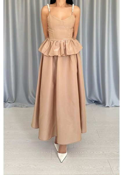 Eyesof Camel Beli Büzgülü Inci Askılı Uzun Elbise fırsatları