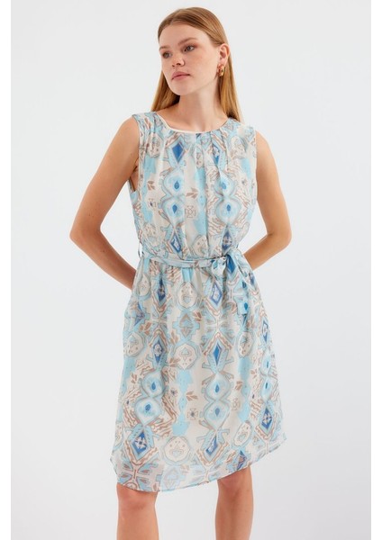 Eyesof 2501 Desenli Sıfır Kol Şifon Elbise - Mavi fırsatları