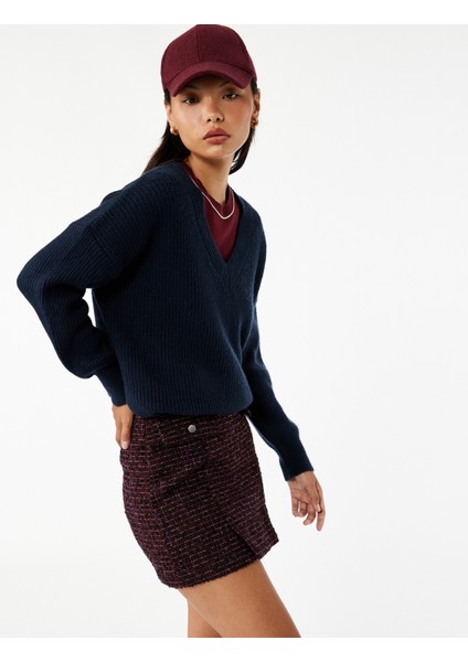 Cep Detaylı Düğmeli A Kesim Slim Fit Tüvit Mini Etek