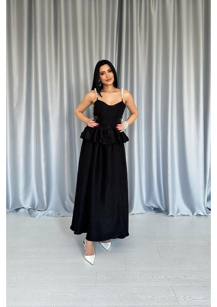 Eyesof Siyah Beli Büzgülü Inci Askılı Uzun Elbise