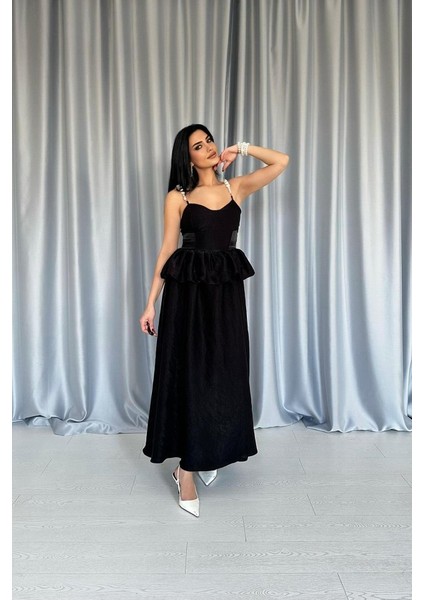 Eyesof Siyah Beli Büzgülü Inci Askılı Uzun Elbise fiyatları