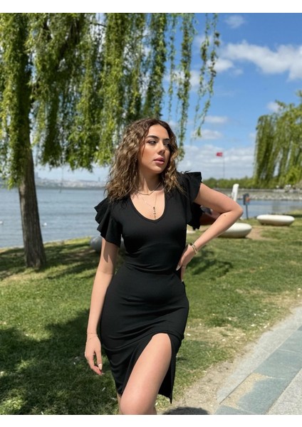 Eyesof Kadın Kısa Kollu V Yakalı Kolları Volanlı Yandan Yırtmaçlı Kısa Janjan Krep Elbise