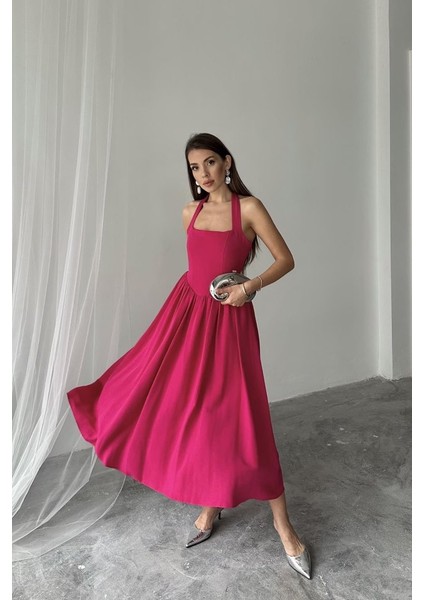 Eyesof Fuşya Boyundan Bağlamalı Keten Elbise fiyatları