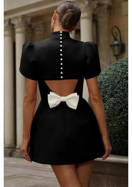 Eyesof Kadın Kısa Kollu Balıkçı Yaka Arkadan Kelebek Dekolte Detaylı Kısa Atlas Elbise