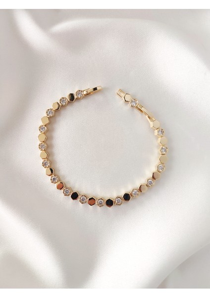 14 Ayar Altın Kaplama Zirkon Taşlı Altıgen Model Bileklik