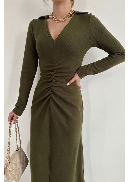 Eyesof Haki Büzgülü Triko Balık Elbise