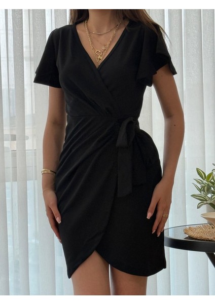 Eyesof Kadın Kısa Kollu Kruvaze Yakalı Belden Bağlamalı Ithal Krep Elbise fiyatları