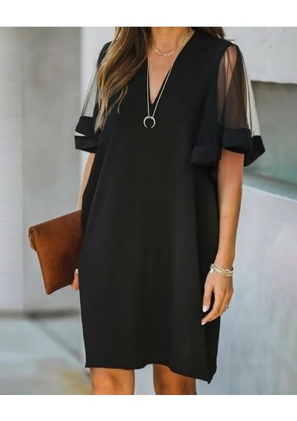 Eyesof Kadın Tüllü Kısa Kollu V Yaka Krep Elbise