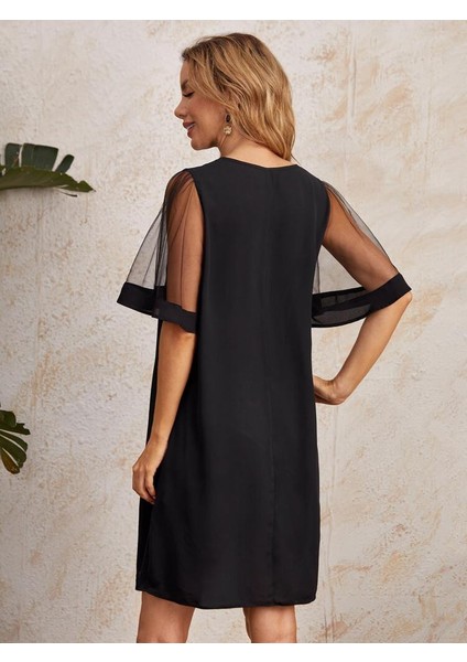 Eyesof Kadın Tüllü Kısa Kollu V Yaka Krep Elbise fırsatları