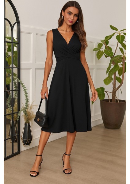 Eyesof Kadın Askılı V Yakalı Önde Çapraz Detaylı Janjan Krep Elbise