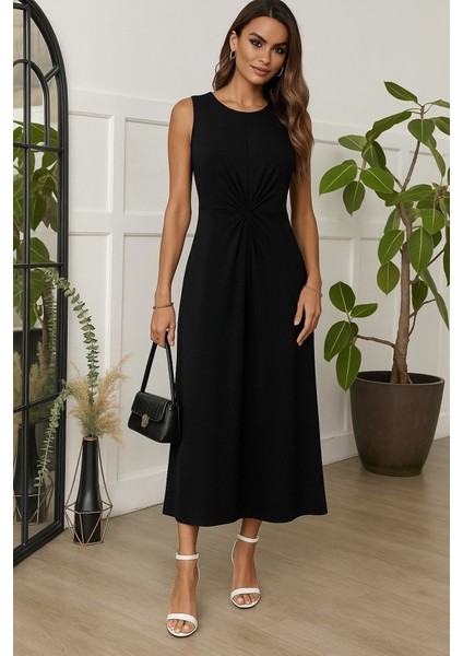 Eyesof Kadın Sıfır Kollu Bisiklet Yaka Yandan Büzgü Detaylı Viskon Elbise