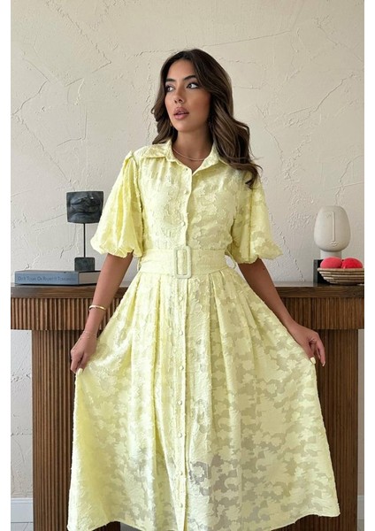 Eyesof Sarı Kemerli Balon Kollu Elbise modelleri