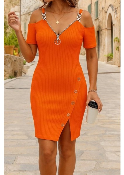 Eyesof Kadın Askılı Önü Fermuarlı Asimetrik Kesim Detaylı Kalın Fitilli Kaşkorse Elbise