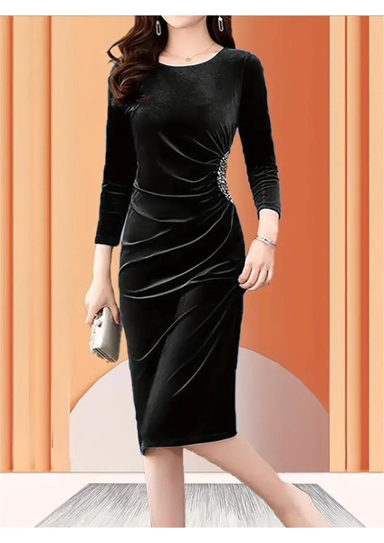 Eyesof Kadın Uzun Kollu Bot Yaka Yanı Taş Detaylı Midi Kadife Elbise fiyatları