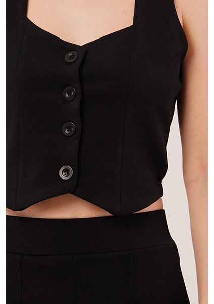 Eyesof Kalın Askılı Düğmeli Yelek ve Pantolon Siyah Takım