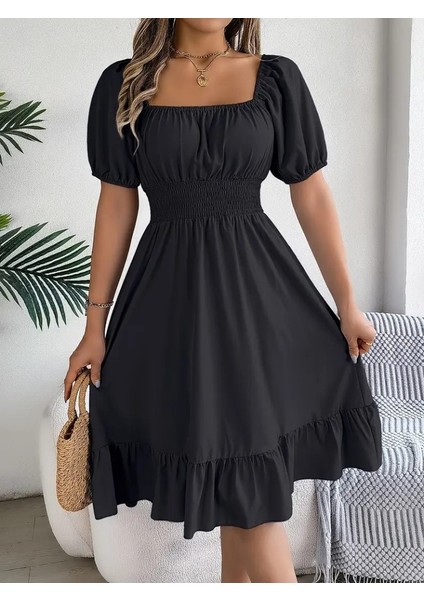 Eyesof Kadın Kısa Kollu Kare Yakalı Beli Lastikli Kısa Trikoton Elbise