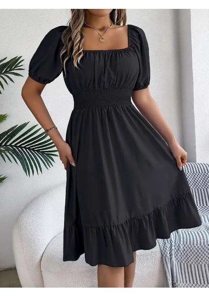 Eyesof Kadın Kısa Kollu Kare Yakalı Beli Lastikli Kısa Trikoton Elbise fiyatları