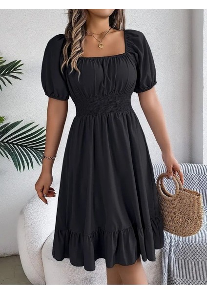 Eyesof Kadın Kısa Kollu Kare Yakalı Beli Lastikli Kısa Trikoton Elbise