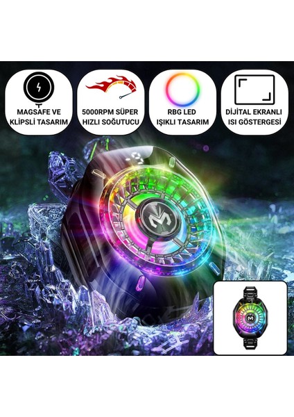 Magsafe ve Klipsli Süper Hızlı Telefon Soğutucu | 5000RPM, Rgb Led, Dijital Isı Göstergeli