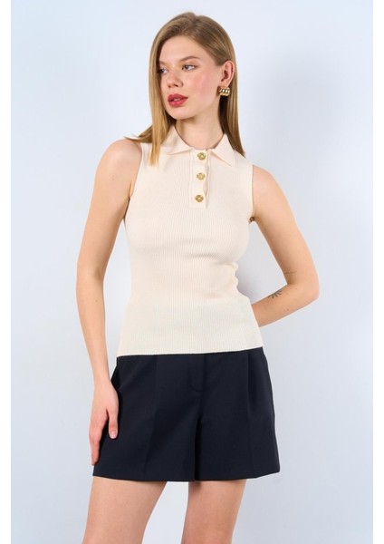 Eyesof Patlı Düğmeli Triko Atlet - Beyaz Kayısı modelleri