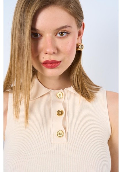 Eyesof Patlı Düğmeli Triko Atlet - Beyaz Kayısı