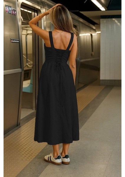 Eyesof Kadın Askılı Geniş V Yakalı Sırttan Bağlamalı Yırtmaçlı Süprem Elbise fiyatları